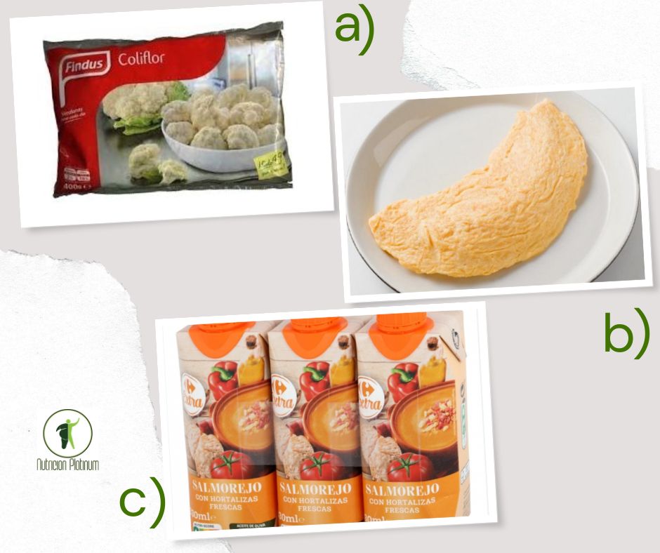 Brocoli con tortilla francesa y 1 tetrabrik mini de salmorejo.